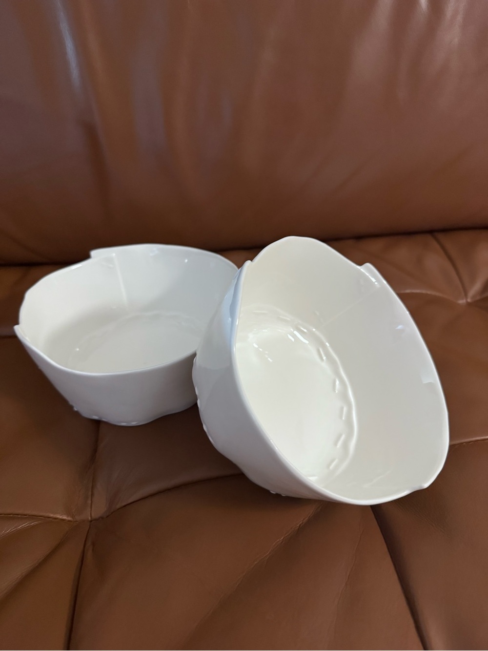 CB2 White Ceramic Bowl Set (2) Organic Wavy Stitched Rim Modern Stoneware